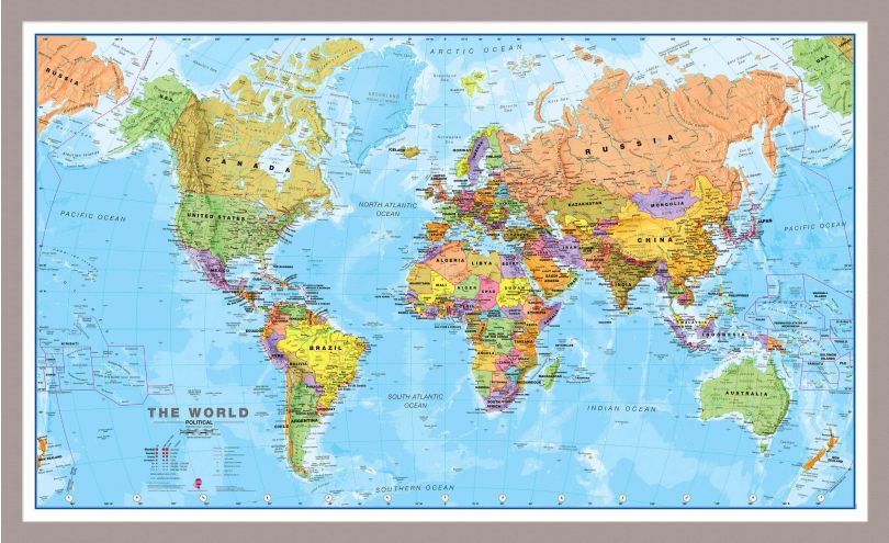 Medium World Wall Map Political (Pinboard & framed - Silver)