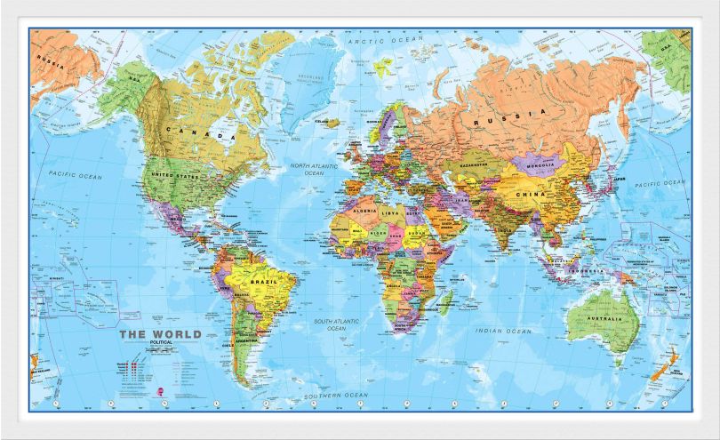 Medium World Wall Map Political (Wood Frame - White)