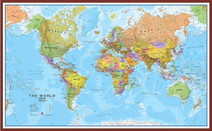 Huge World Wall Map Political (Pinboard & framed - Dark Oak)
