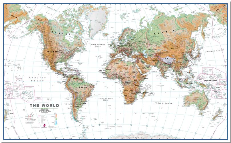 Large World Wall Map Physical White Ocean (Pinboard)