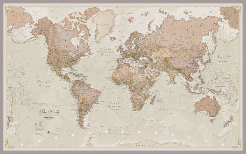 Huge Antique World Map (Pinboard & framed - Silver)