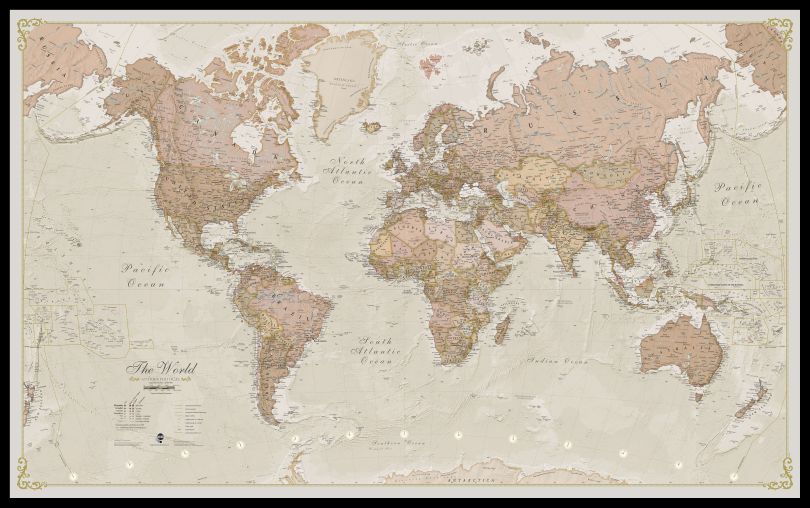 Large Antique World Map (Pinboard & framed - Black)