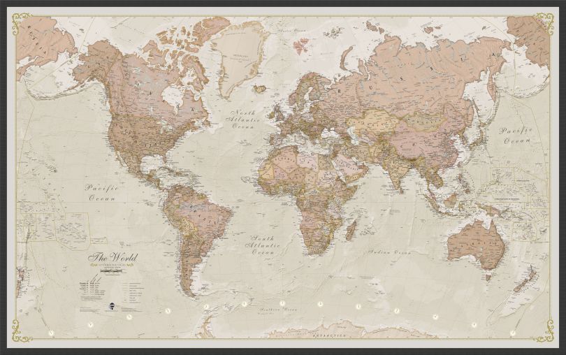 Large Antique World Map (Wood Frame - Black)