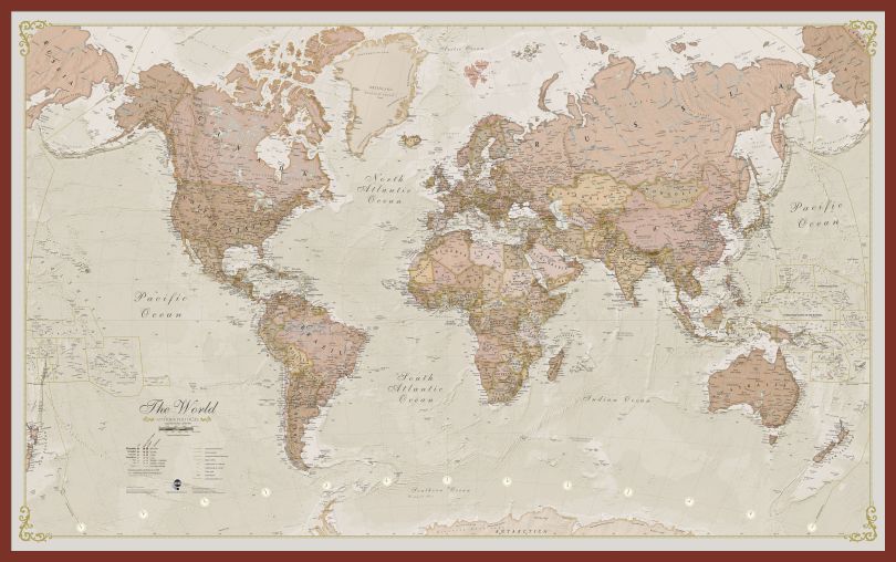 Huge Antique World Map (Pinboard & framed - Dark Oak)