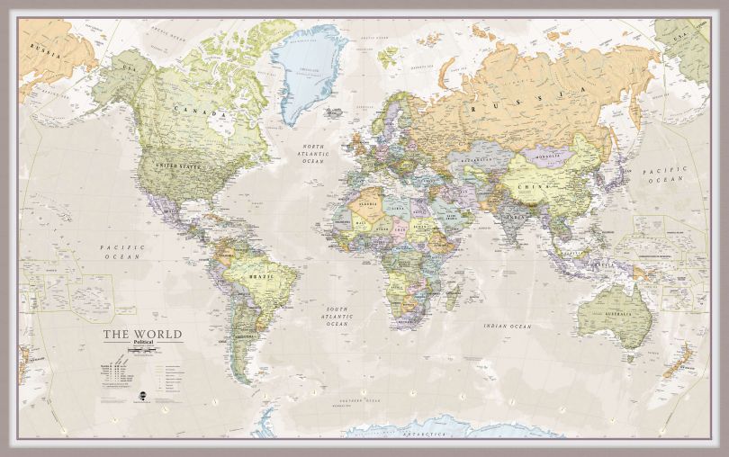 Large Classic World Map (Pinboard & framed - Silver)