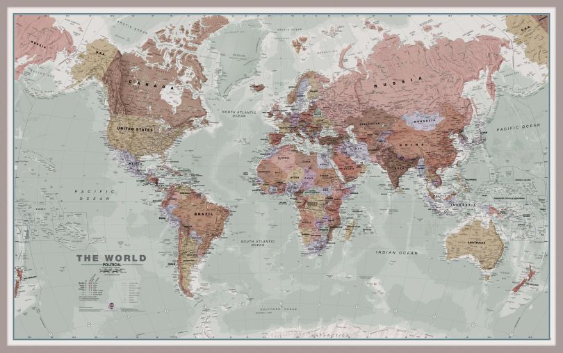Huge Executive World Wall Map Political (Pinboard & framed - Silver)
