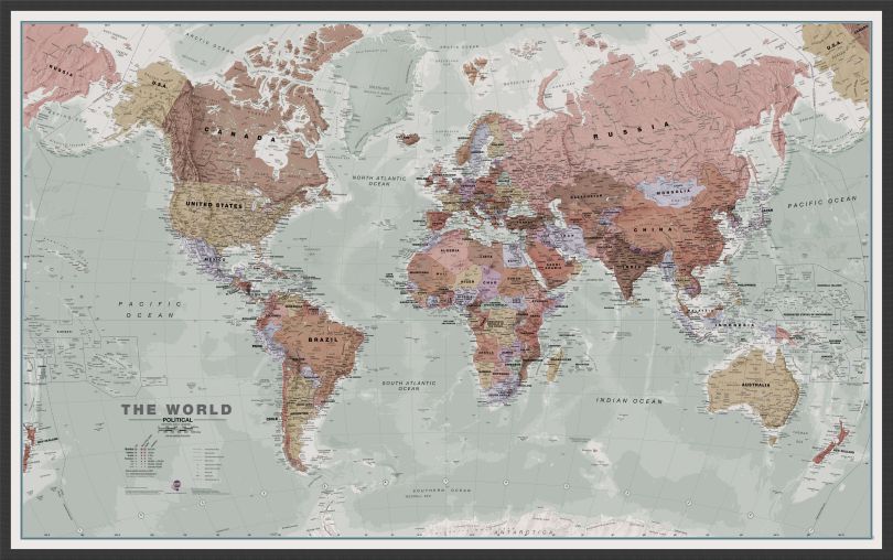Large Executive World Wall Map Political (Wood Frame - Black)