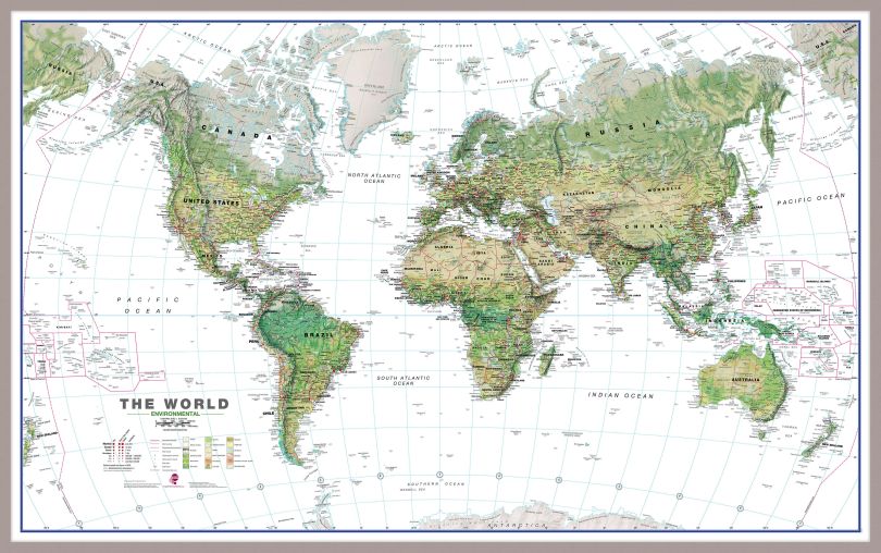 Large World Wall Map Environmental White Ocean (Pinboard & framed - Silver)