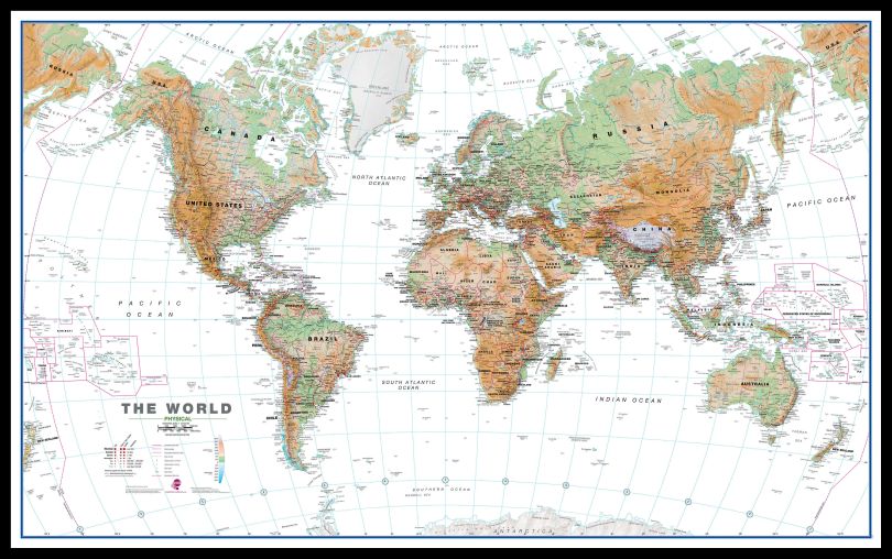 Large World Wall Map Physical White Ocean (Pinboard & framed - Black)