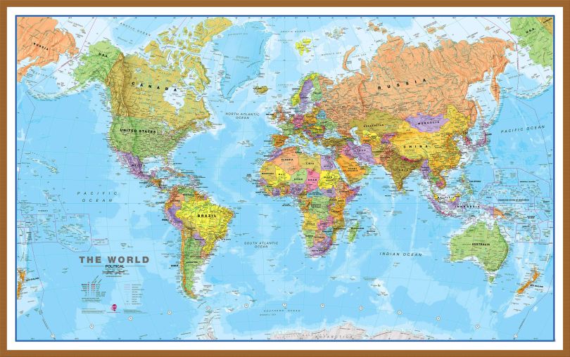 Large World Wall Map Political (Pinboard & wood frame - Teak)