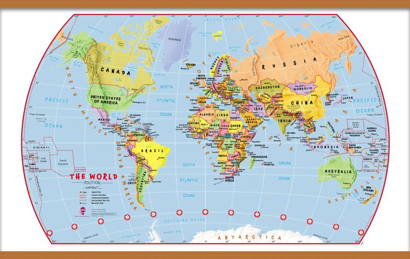 Large Primary World Wall Map Political (Rolled Canvas with Wooden Hanging Bars)