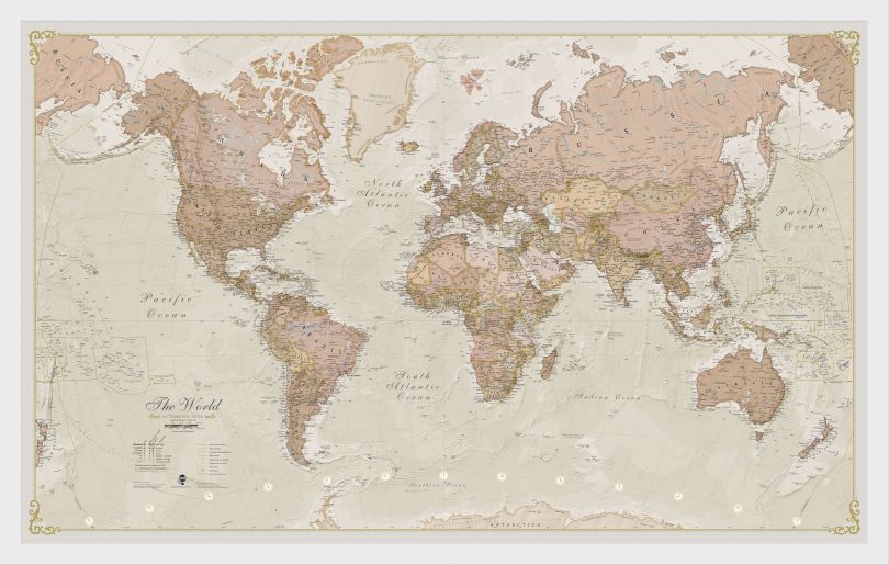Medium Antique World Map (Wood Frame - White)