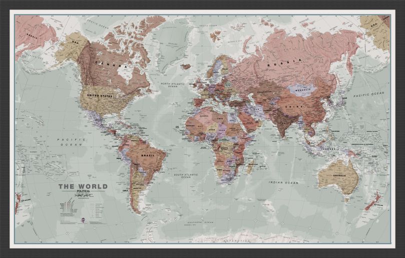 Medium Executive World Wall Map Political (Wood Frame - Black)