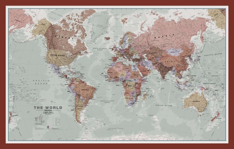 Medium Executive World Wall Map Political (Pinboard & framed - Dark Oak)