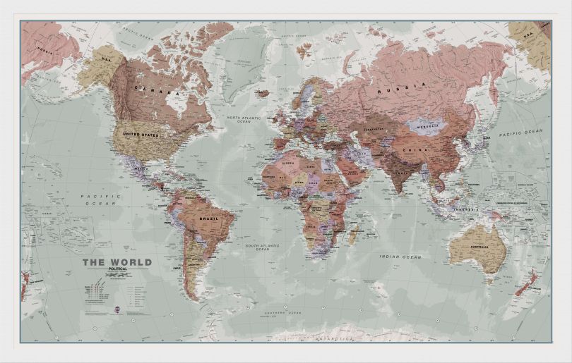 Medium Executive World Wall Map Political (Pinboard & wood frame - White)