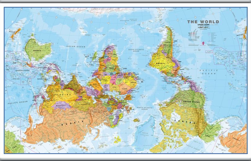 Large Upside Down World Wall Map Political (Hanging bars)