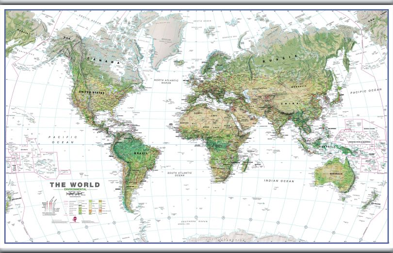 Huge World Wall Map Environmental White Ocean (Hanging bars)