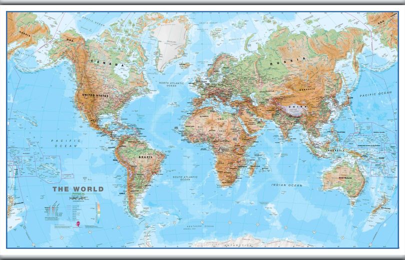 Large World Wall Map Physical (Hanging bars)