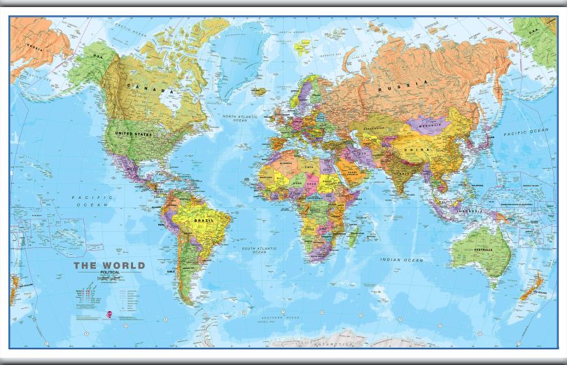 Large World Wall Map Political (Rolled Canvas with Hanging Bars)