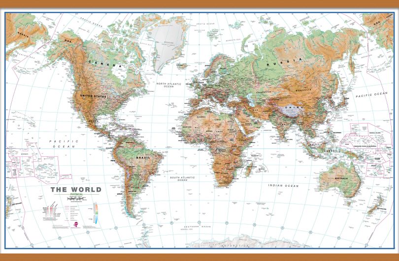 Large World Wall Map Physical White Ocean (Wooden hanging bars)