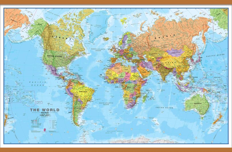 Large World Wall Map Political (Wooden hanging bars)