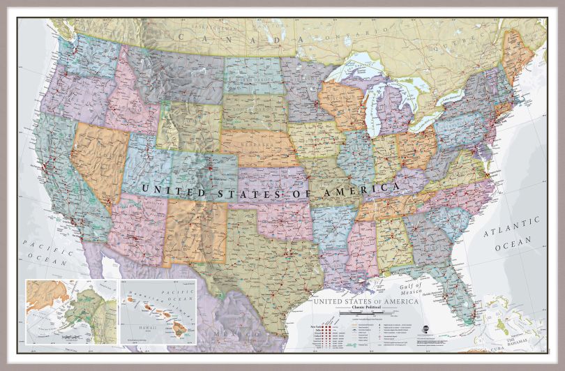 Large USA Classic Wall Map (Pinboard & framed - Silver)