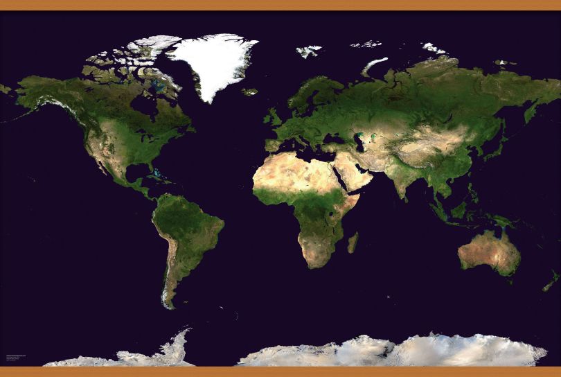 Large Satellite Map of the World (Wooden hanging bars)