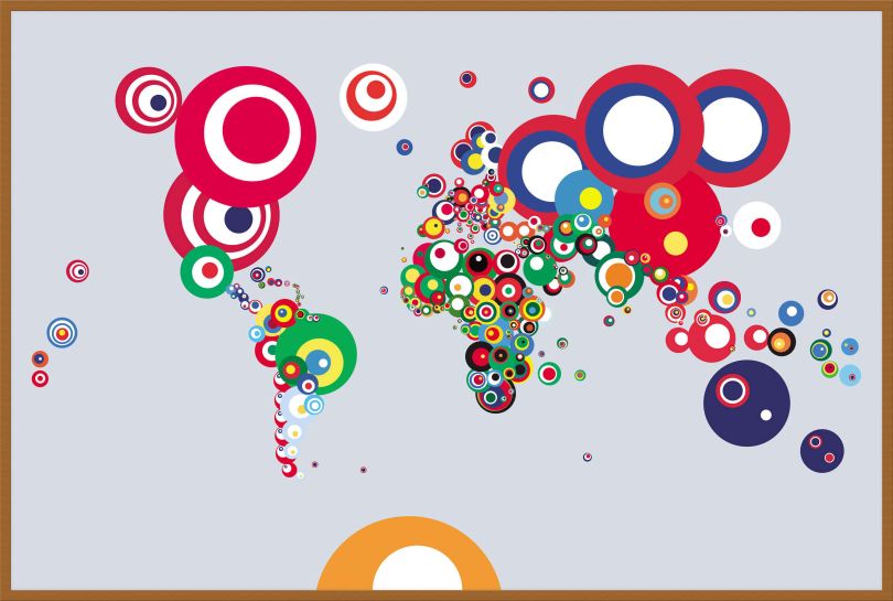 Large World Abstract Flags Art Map of the World (Pinboard & wood frame - Teak)