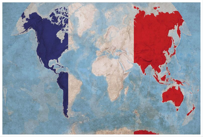 Large France Flag Map of the World (Pinboard & wood frame - White)