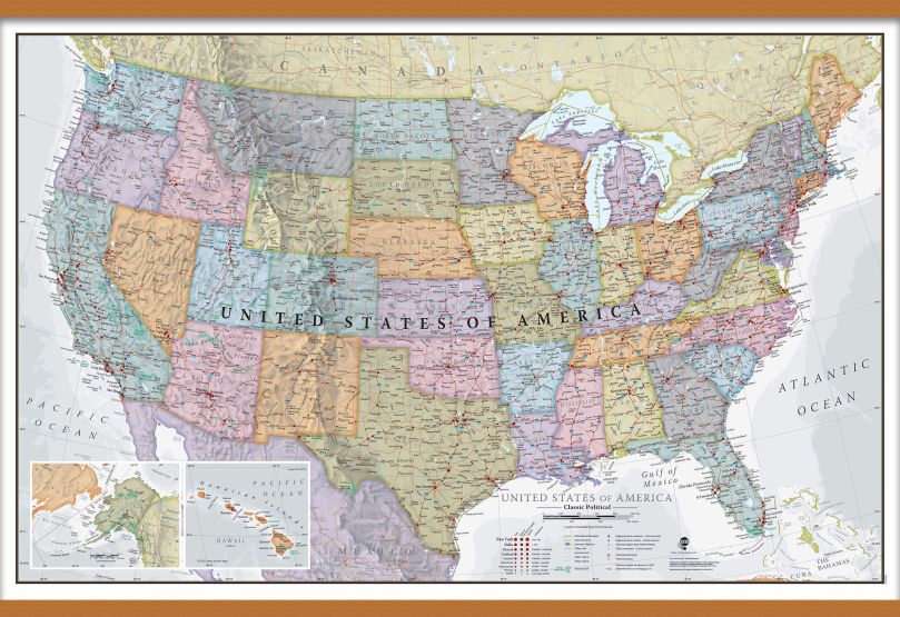 Large USA Classic Wall Map (Rolled Canvas with Wooden Hanging Bars)