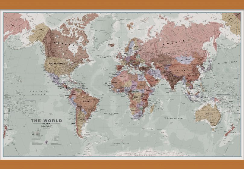 Medium Executive World Wall Map Political (Wooden hanging bars)