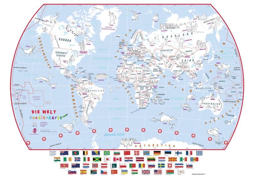 Doodle World Map With Crayons - German Language (Paper)