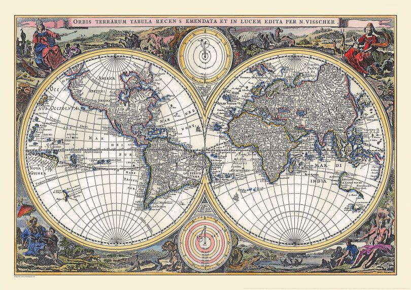 Vintage Double Hemisphere World Map 1700
