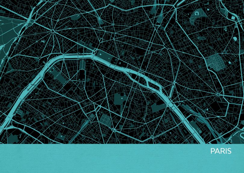 A3 Paris City Street Map Print Turquoise (Matt Art Paper)