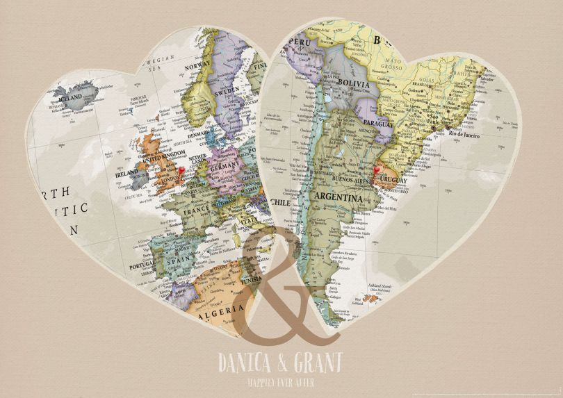 Personalised Location Map Hearts Print