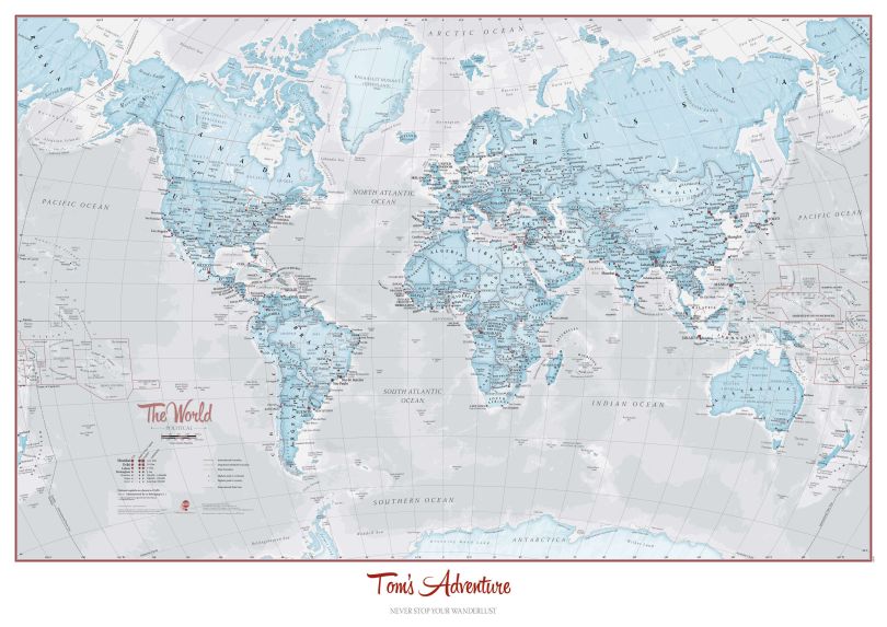 Large Personalised World Is Art - Wall Map Aqua (Paper)