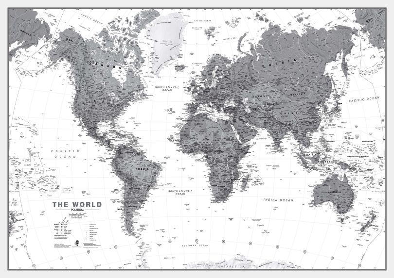 Huge World Wall Map Political Black & White (Rolled Canvas - No Frame)
