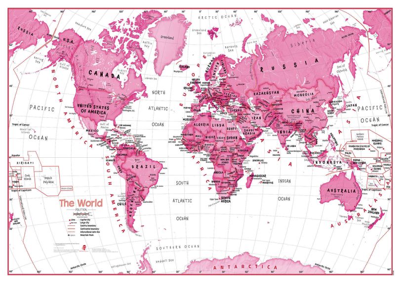 Medium Children's Art Map of the World Pink (Raster digital)