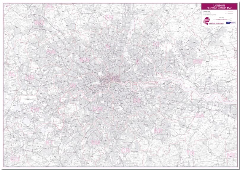 London Postcode District Wall Map (within M25) (Pinboard)