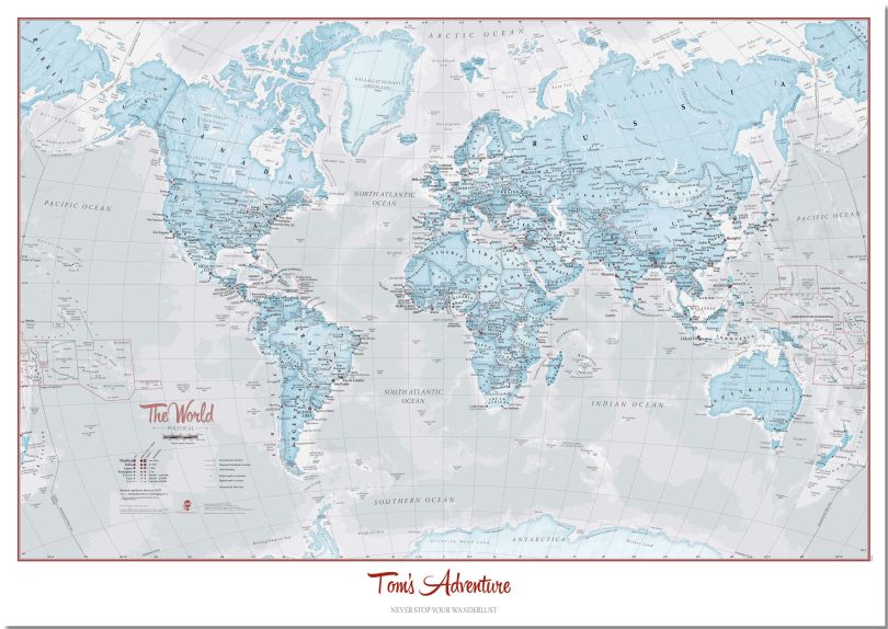 Large Personalised World Is Art - Wall Map Aqua (Pinboard)