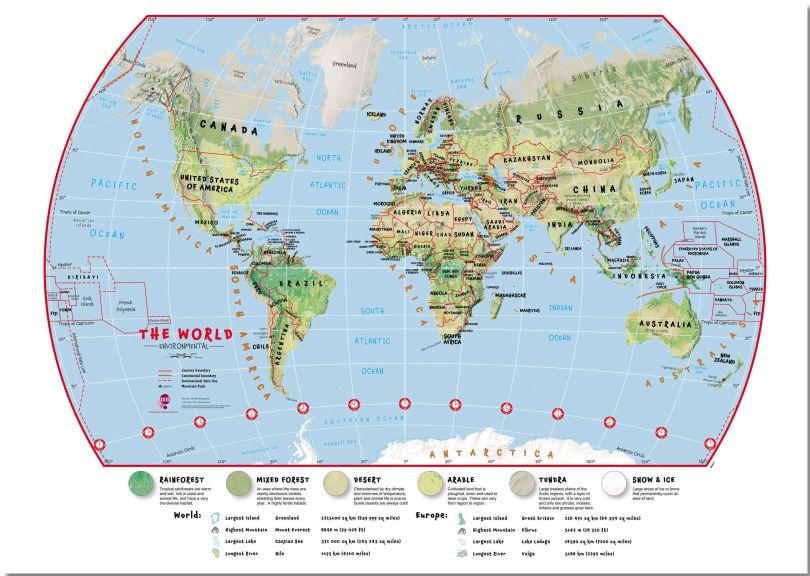 Large Primary World Wall Map Environmental (Pinboard)