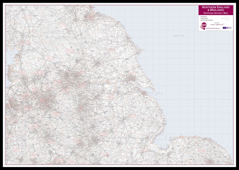 Northern England and the Midlands Postcode District Map (Pinboard & framed - Black)