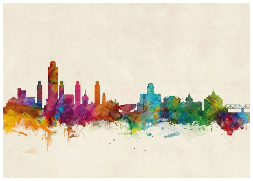 Large Albany New York Watercolour Skyline (Wood Frame - White)