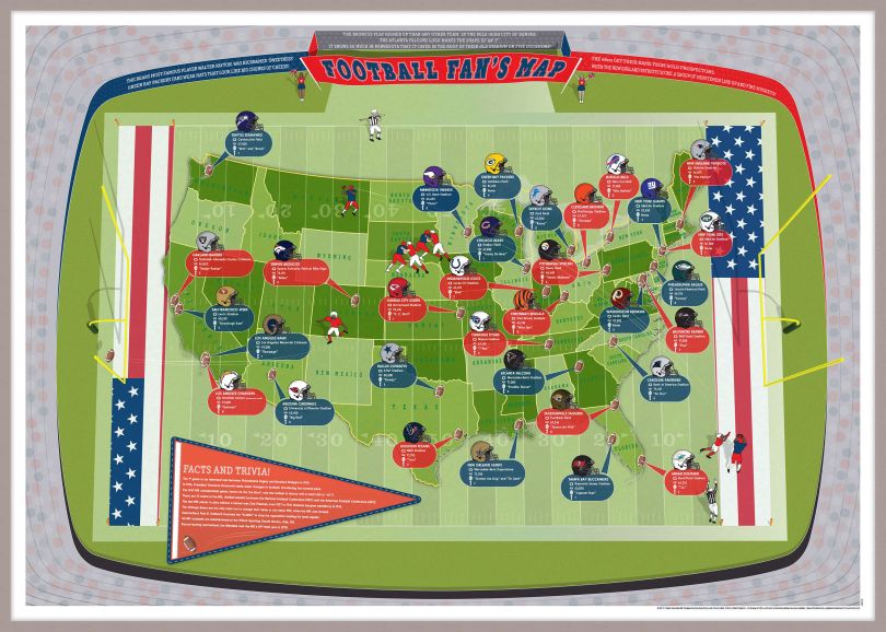 Large American Football Stadiums Map (Pinboard & framed - Silver)