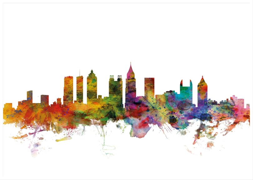 Large Atlanta Georgia Watercolour Skyline (Wood Frame - White)