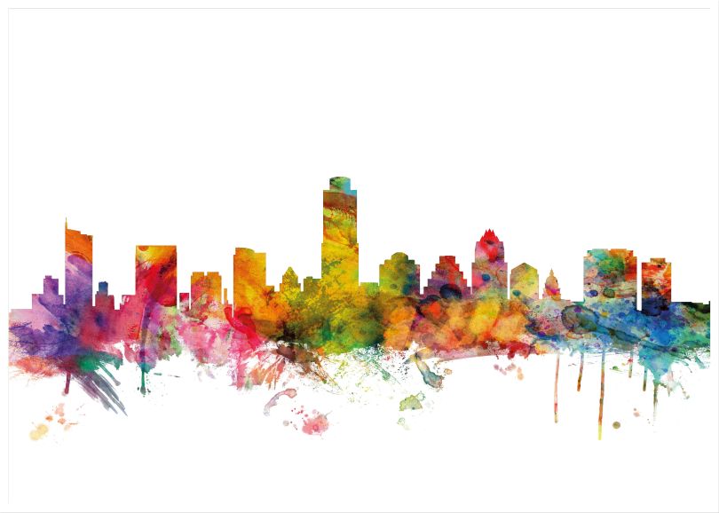 Large Austin Texas Watercolour Skyline (Wood Frame - White)
