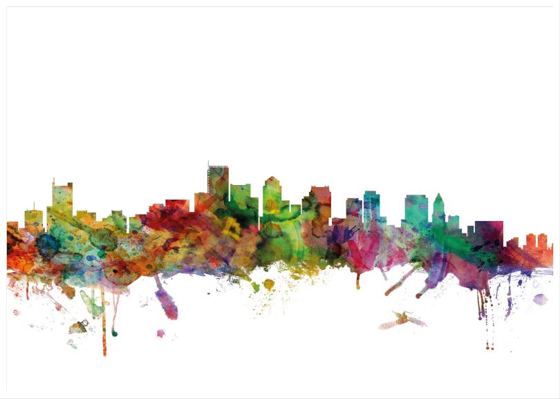 Large Boston Watercolour Skyline (Wood Frame - White)
