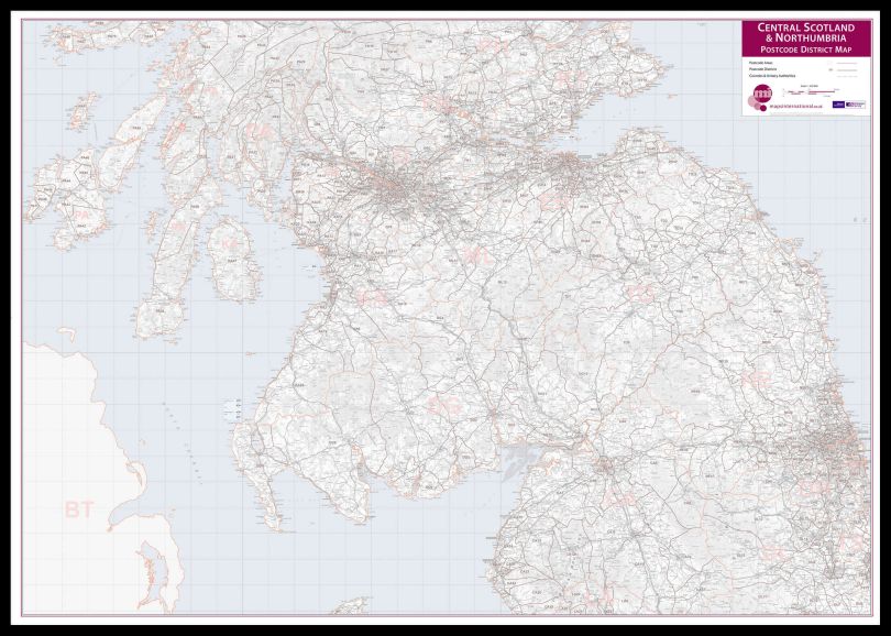 Central Scotland and Northumbria Postcode District Map (Pinboard & framed - Black)