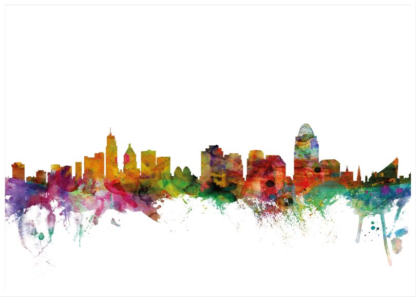 Large Cincinnati Ohio Watercolour Skyline (Wood Frame - White)