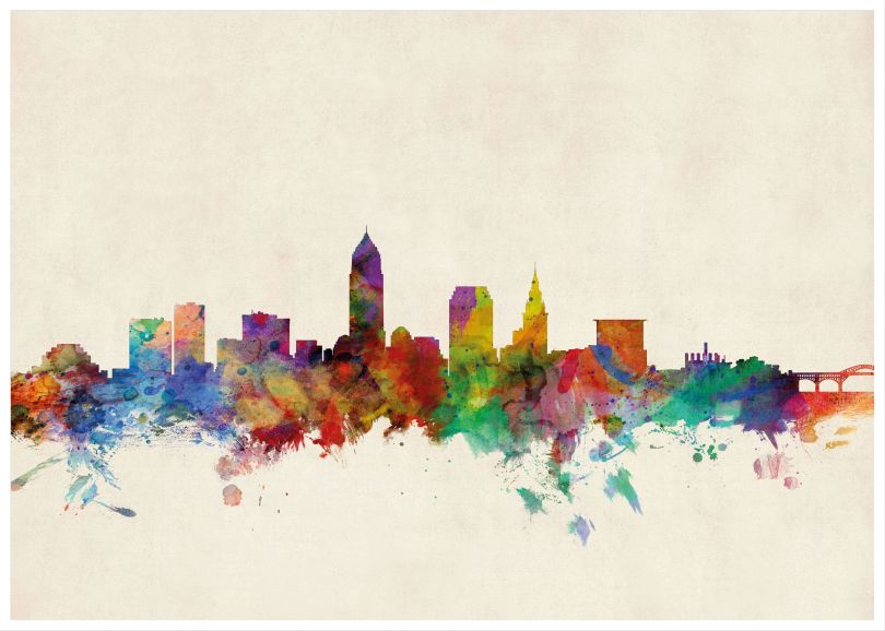 Large Cleveland Ohio Watercolour Skyline (Wood Frame - White)